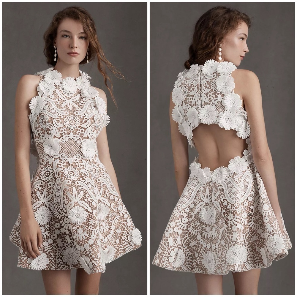 New Helen O'Connor Daisy Dress Mini Flare Open Back Floral Applique White Sz 14